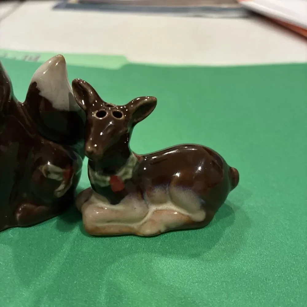 Deer And Fox Ceramic Salt And Pepper Shakers Fawn Whimsical Forest Animals Decor